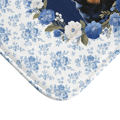 Blue Floral Rottie Bath Mat – Cute Rottweiler Dog Bathroom Rug