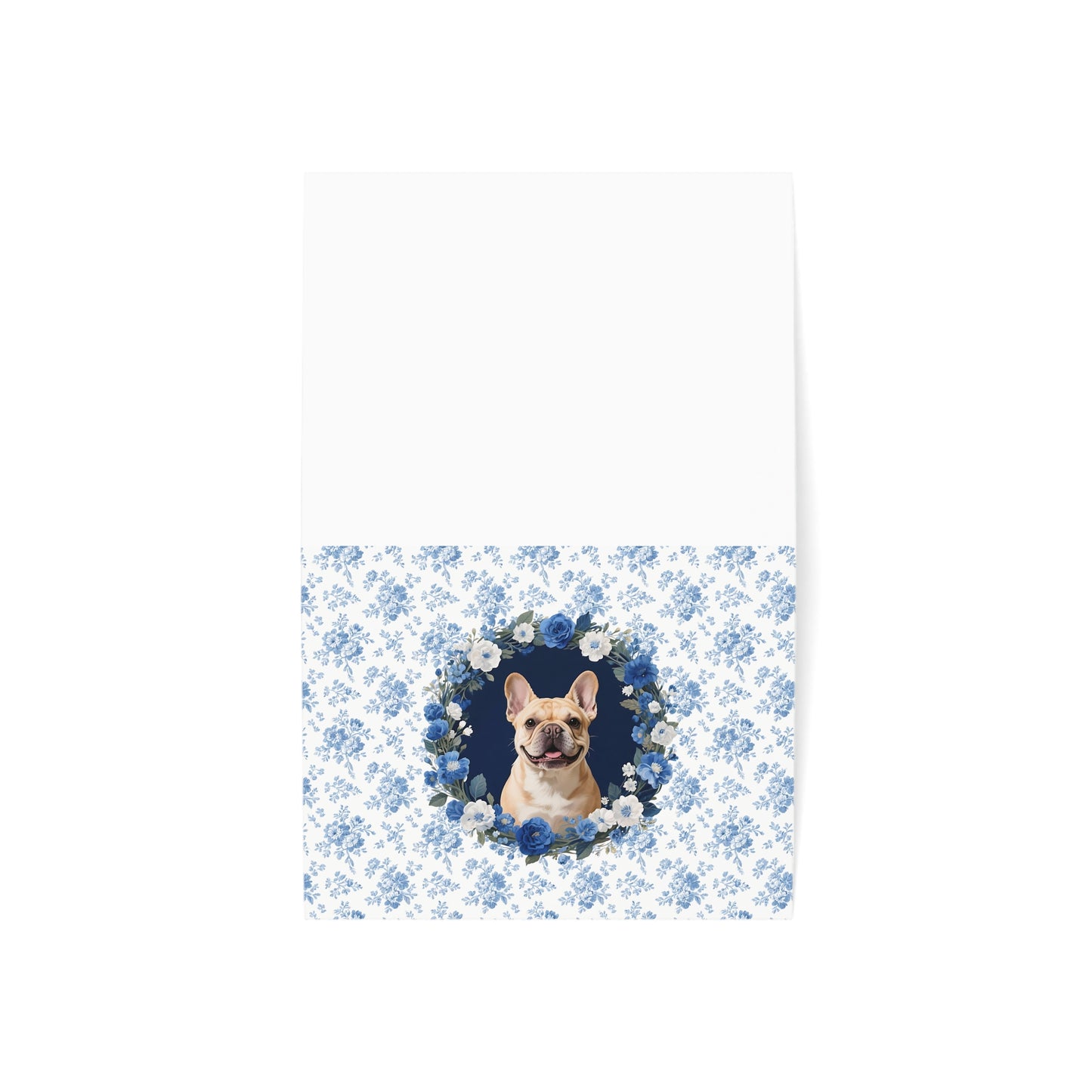 Fawn French Bulldog Blue Floral Greeting Card Set