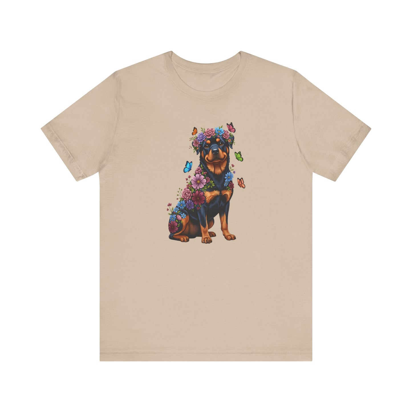 Whimsical Floral Rottweiler Tee – Colorful Dog Lover Shirt with Butterflies