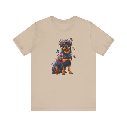 Whimsical Floral Rottweiler Tee – Colorful Dog Lover Shirt with Butterflies
