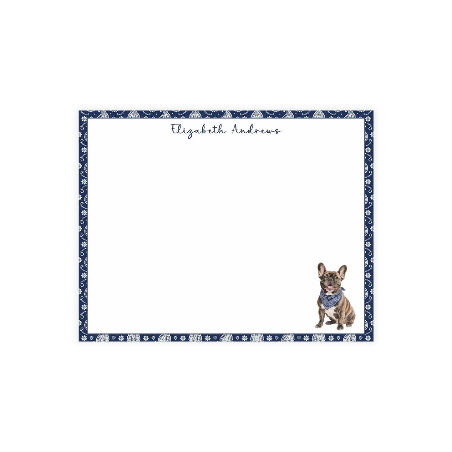 Personalized French Bulldog Navy Blue Paisley Notecard Set