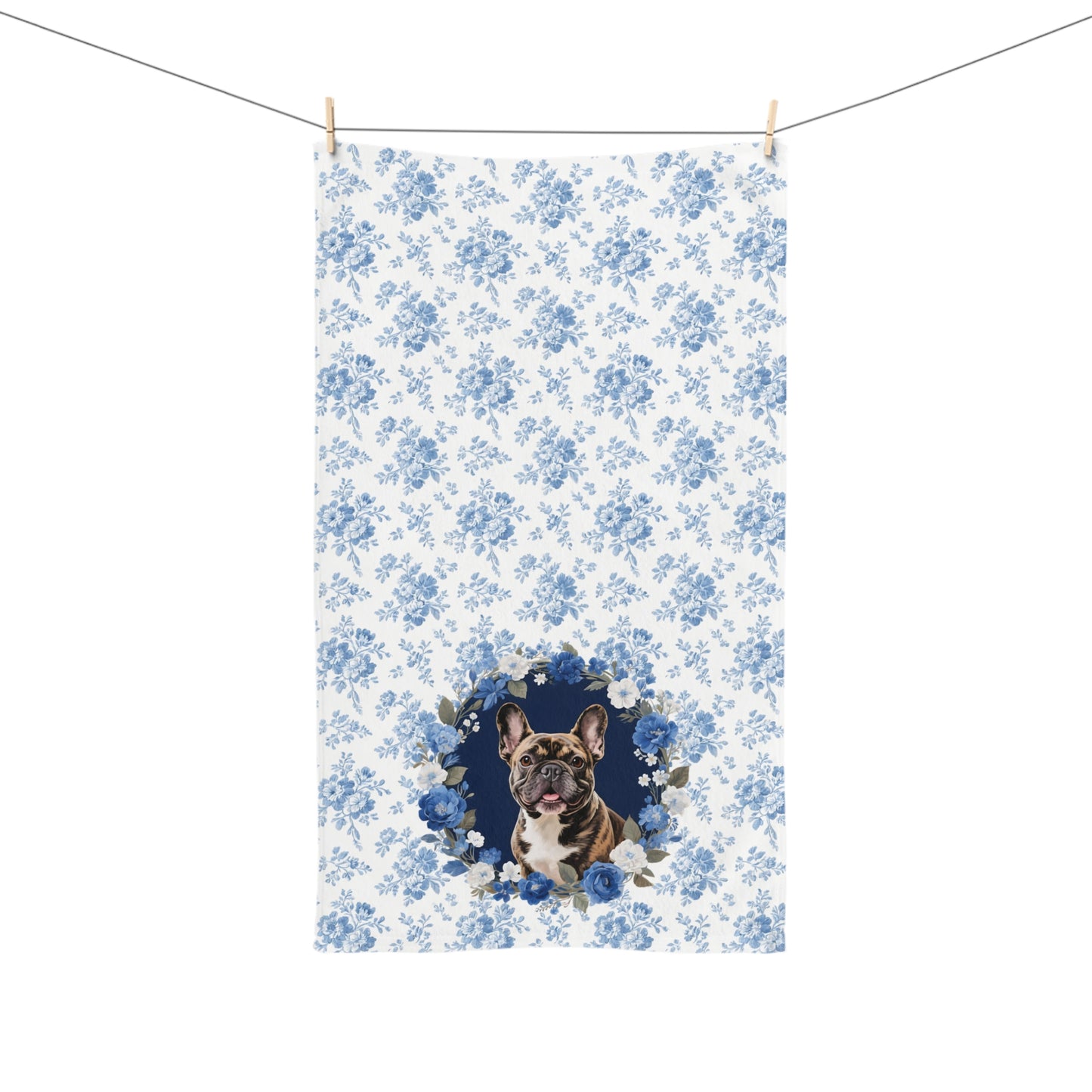 Blue Floral Brindle French Bulldog Portrait Hand Towel – Cute Pet Bathroom Accessory
