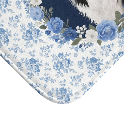 Blue Floral Collie Bath Mat – Cute Border Collie Dog Bathroom Rug