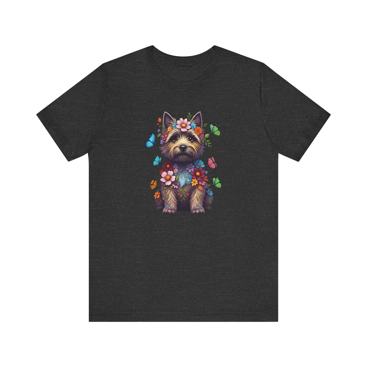 Whimsical Floral Cairn Terrier Tee – Colorful Dog Lover Shirt with Butterflies