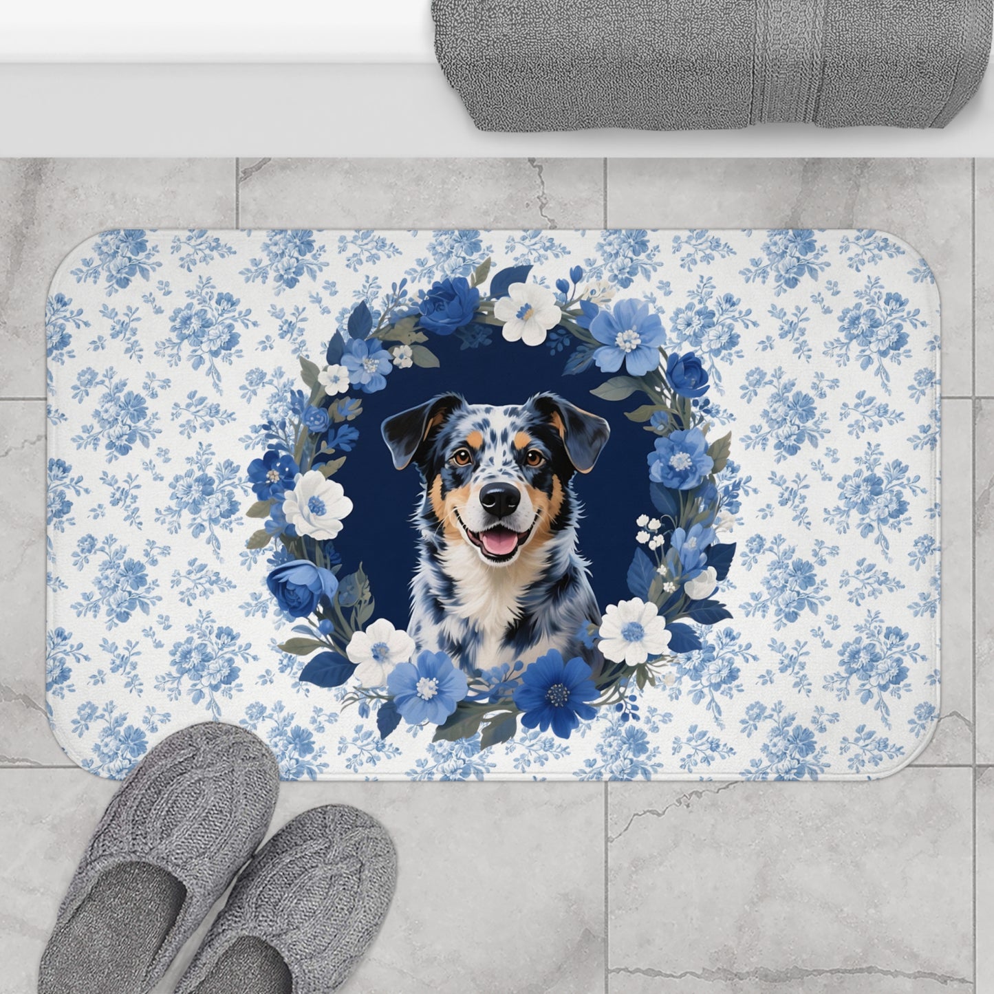 Blue Floral Heeler Bath Mat – Cute Australian Cattle Dog Bathroom Rug