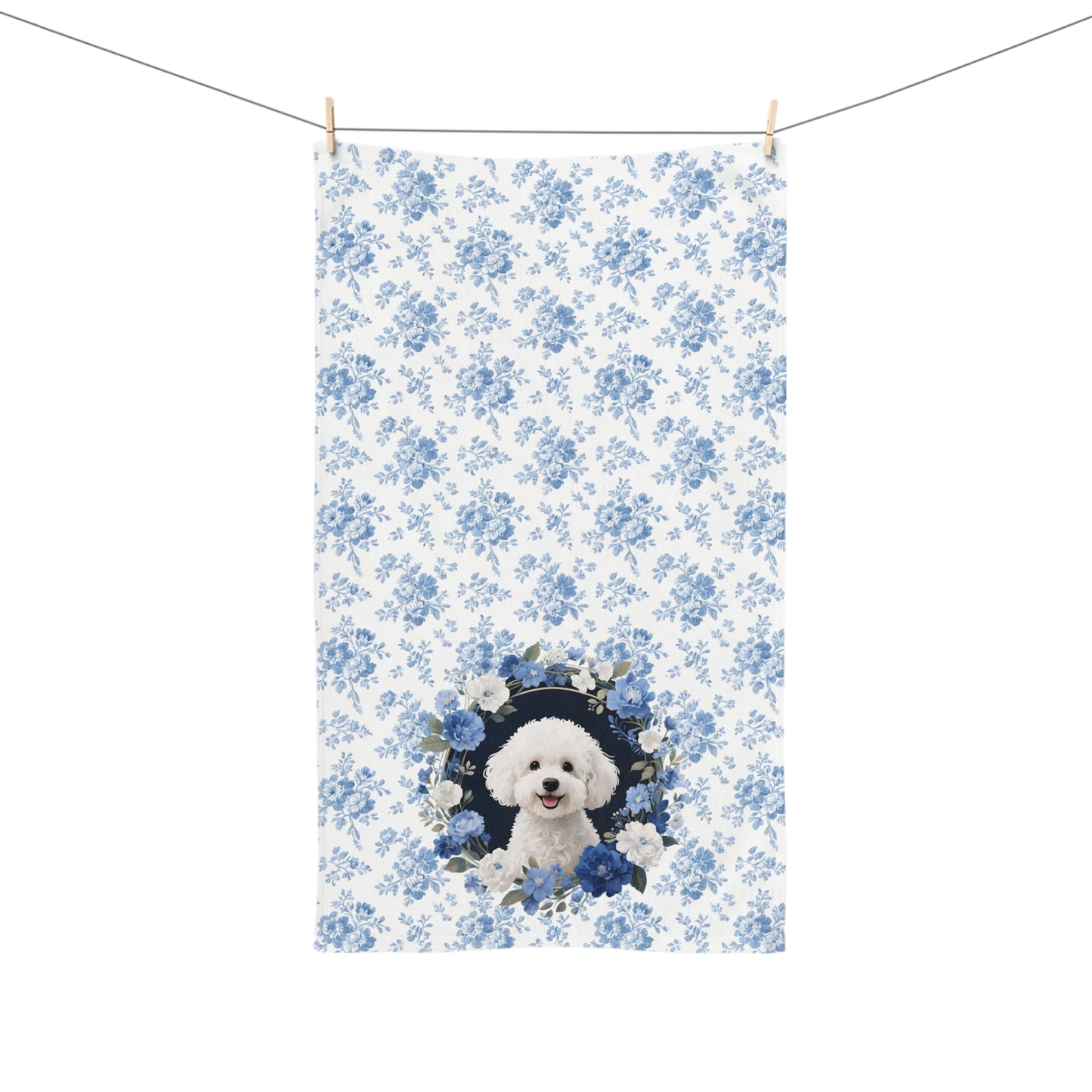 Blue Floral Bichon Frise Dog Portrait Hand Towel – Cute Pet Bathroom Accessory