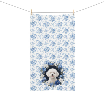 Blue Floral Bichon Frise Dog Portrait Hand Towel – Cute Pet Bathroom Accessory