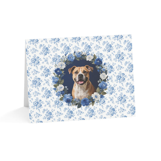 Pitbull Dog Blue Floral Greeting Card Set
