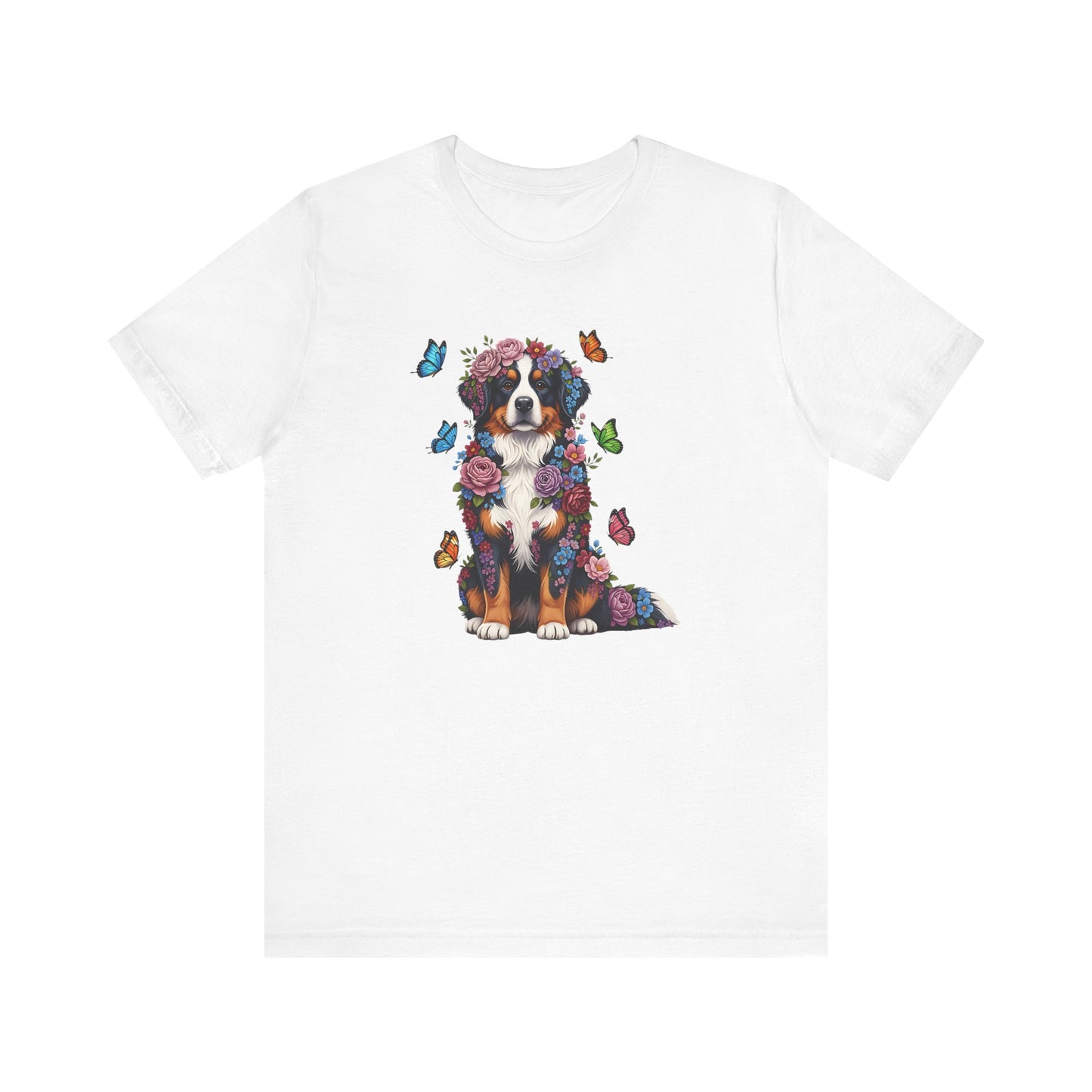 Whimsical Floral Bernese Mountain Dog Tee – Colorful Dog Lover Shirt with Butterflies
