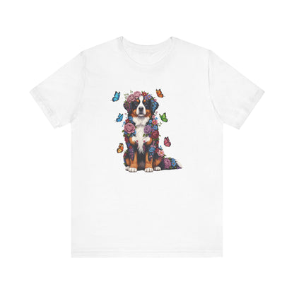 Whimsical Floral Bernese Mountain Dog Tee – Colorful Dog Lover Shirt with Butterflies