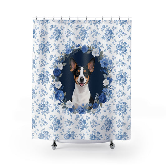 Rat Terrier Dog Blue Floral Shower Curtain – Dog Portrait Bath Decor