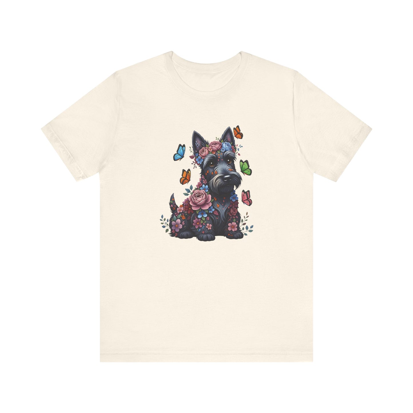 Whimsical Floral Scottish Terrier Tee – Colorful Dog Lover Shirt with Butterflies