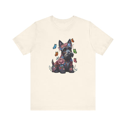 Whimsical Floral Scottish Terrier Tee – Colorful Dog Lover Shirt with Butterflies