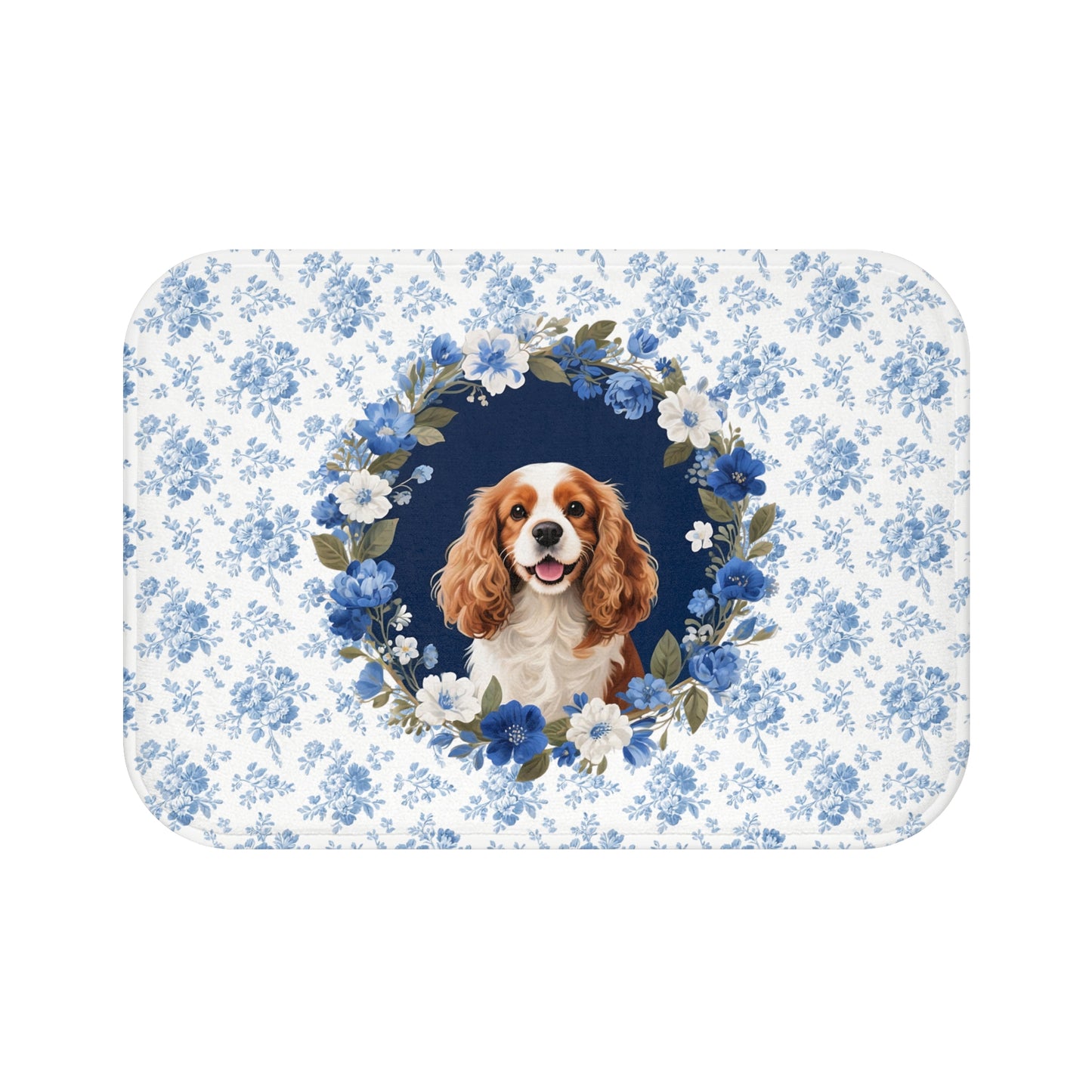 Blue Floral Cavalier Bath Mat – Cute Cavalier King Charles Spaniel Dog Bathroom Rug