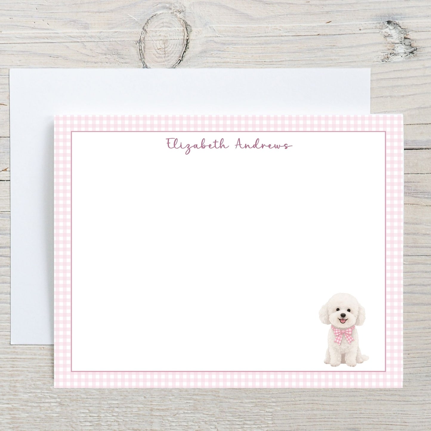 Bichon Frise Dog Pink Gingham Personalized Notecard Set