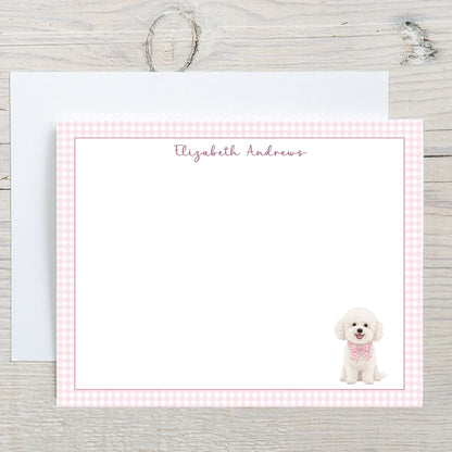 Bichon Frise Dog Pink Gingham Personalized Notecard Set
