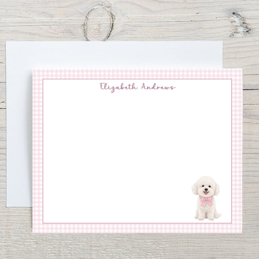Bichon Frise Dog Pink Gingham Personalized Notecard Set