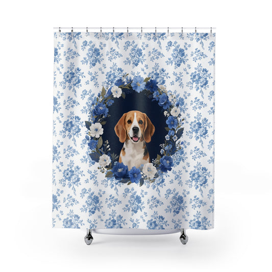 Beagle Dog Blue Floral Shower Curtain – Dog Portrait Bath Decor