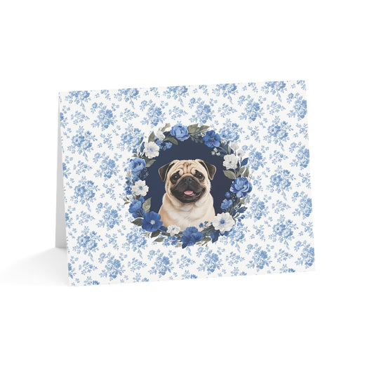 Pug Dog Blue Floral Greeting Card Set