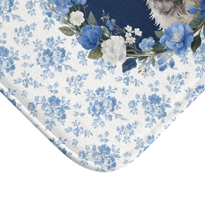 Blue Floral Schnauzer Bath Mat – Cute Schnauzer Dog Bathroom Rug
