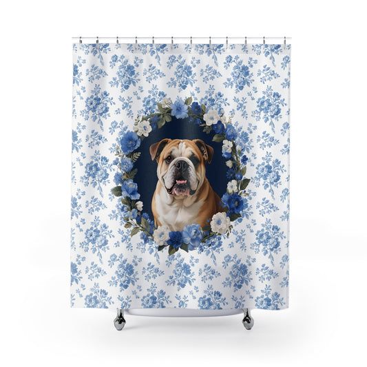 English Bulldog Blue Floral Shower Curtain – Dog Portrait Bath Decor