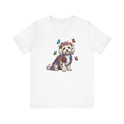 Whimsical Floral Maltese Tee – Colorful Dog Lover Shirt with Butterflies