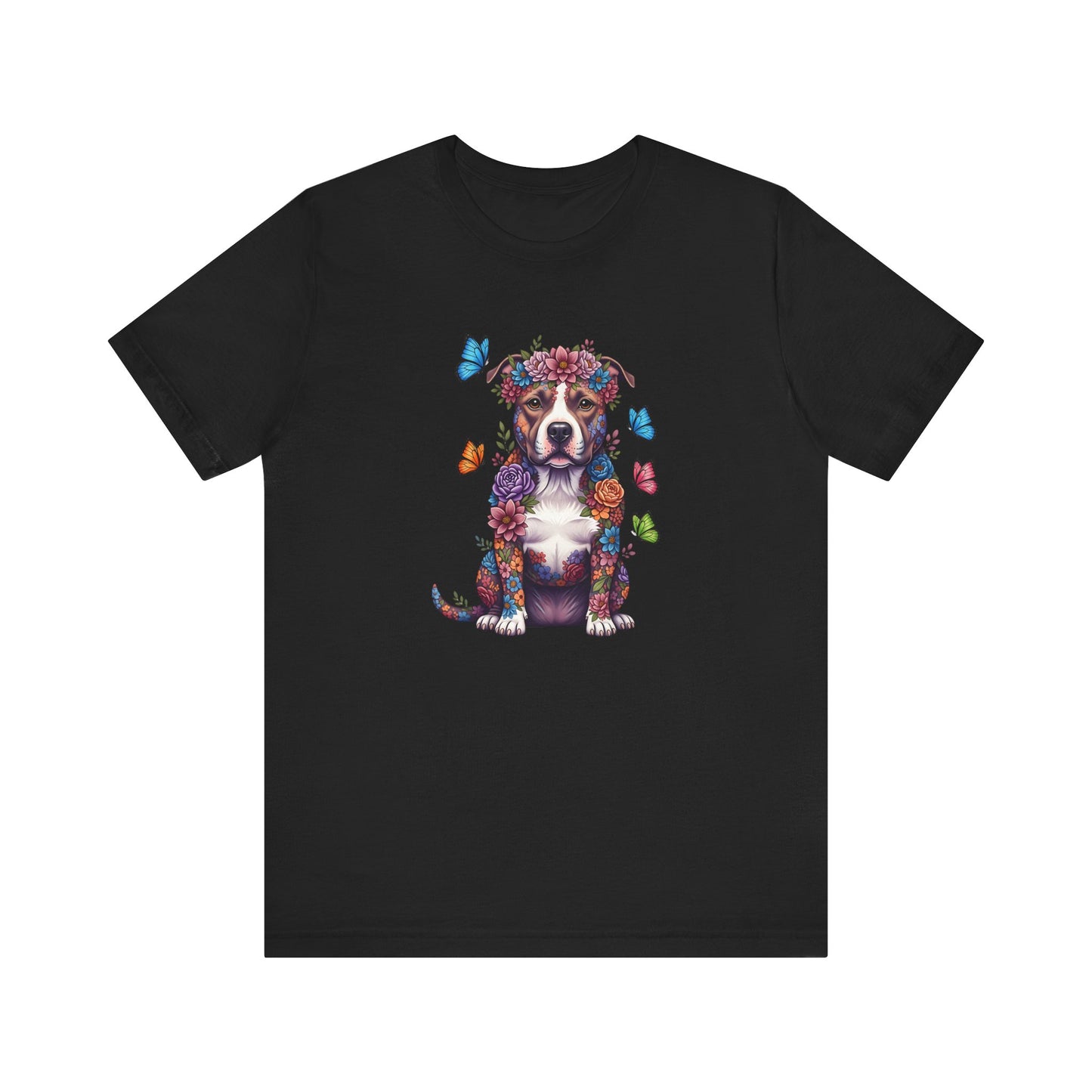 Whimsical Floral Pitbull Tee – Colorful Dog Lover Shirt with Butterflies