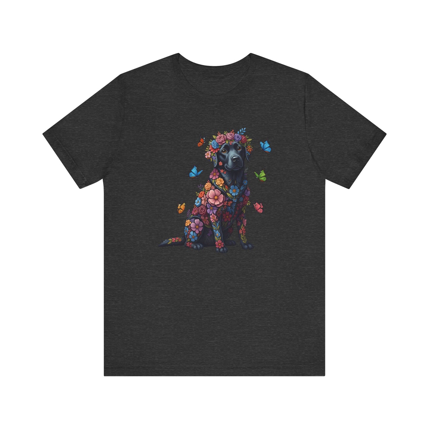 Whimsical Floral Black Labrador Retriever Tee – Colorful Dog Lover Shirt with Butterflies