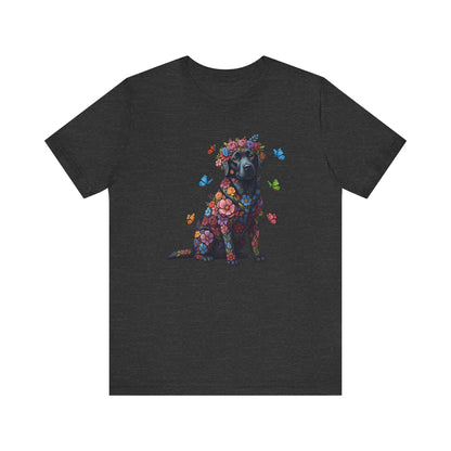 Whimsical Floral Black Labrador Retriever Tee – Colorful Dog Lover Shirt with Butterflies