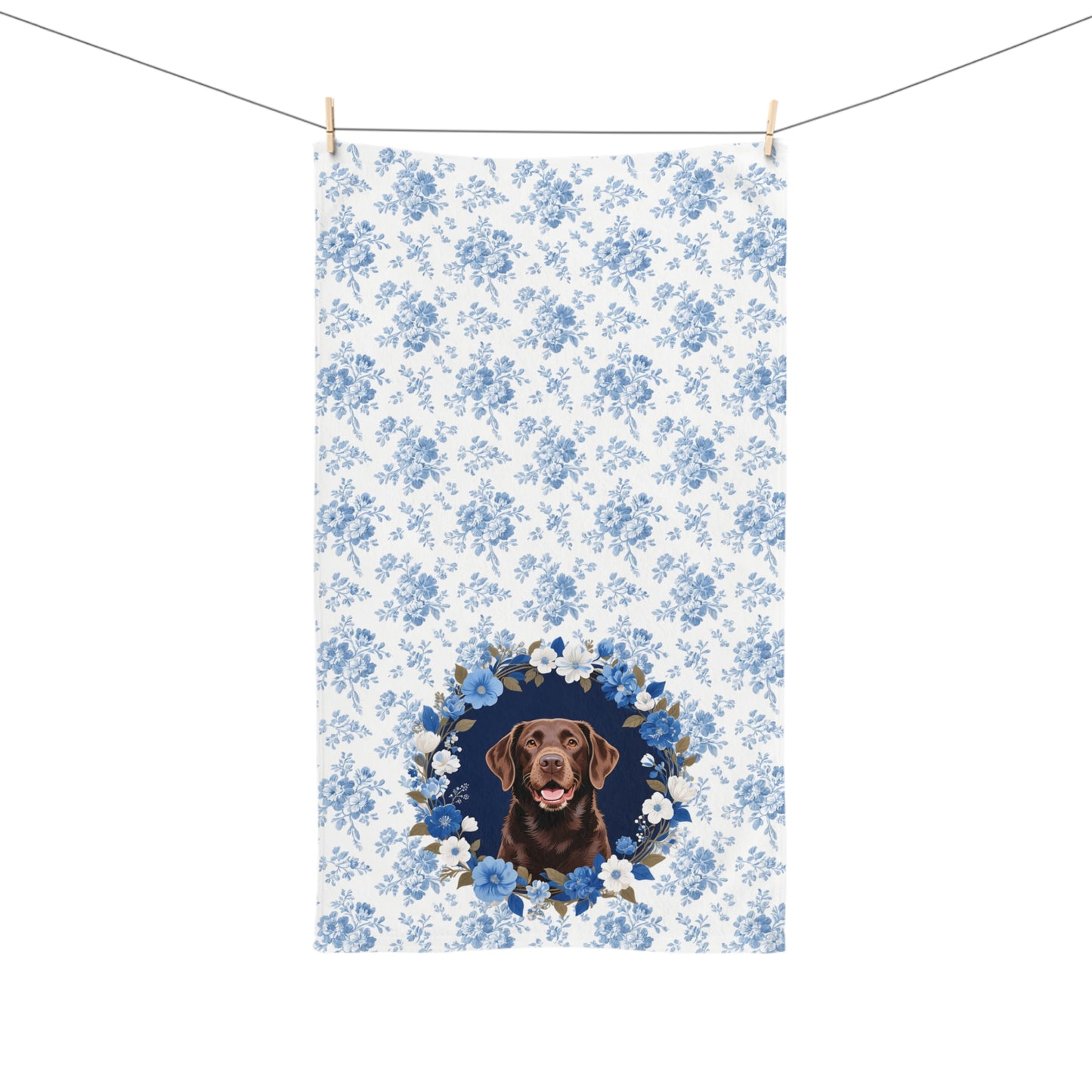 Blue Floral Chocolate Labrador Retriever Dog Portrait Hand Towel – Cute Pet Bathroom Accessory