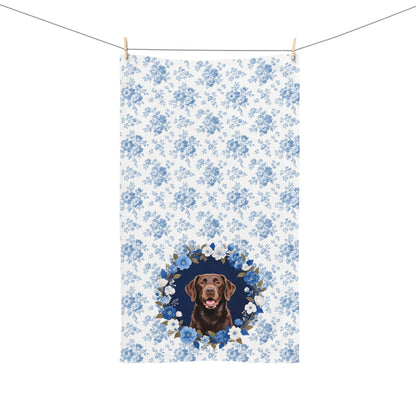 Blue Floral Chocolate Labrador Retriever Dog Portrait Hand Towel – Cute Pet Bathroom Accessory