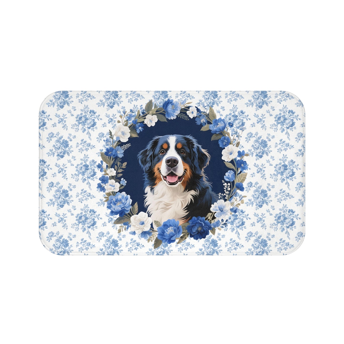 Blue Floral Berner Bath Mat – Cute Bernese Mountain Dog Bathroom Rug