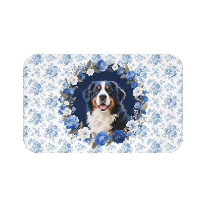Blue Floral Berner Bath Mat – Cute Bernese Mountain Dog Bathroom Rug