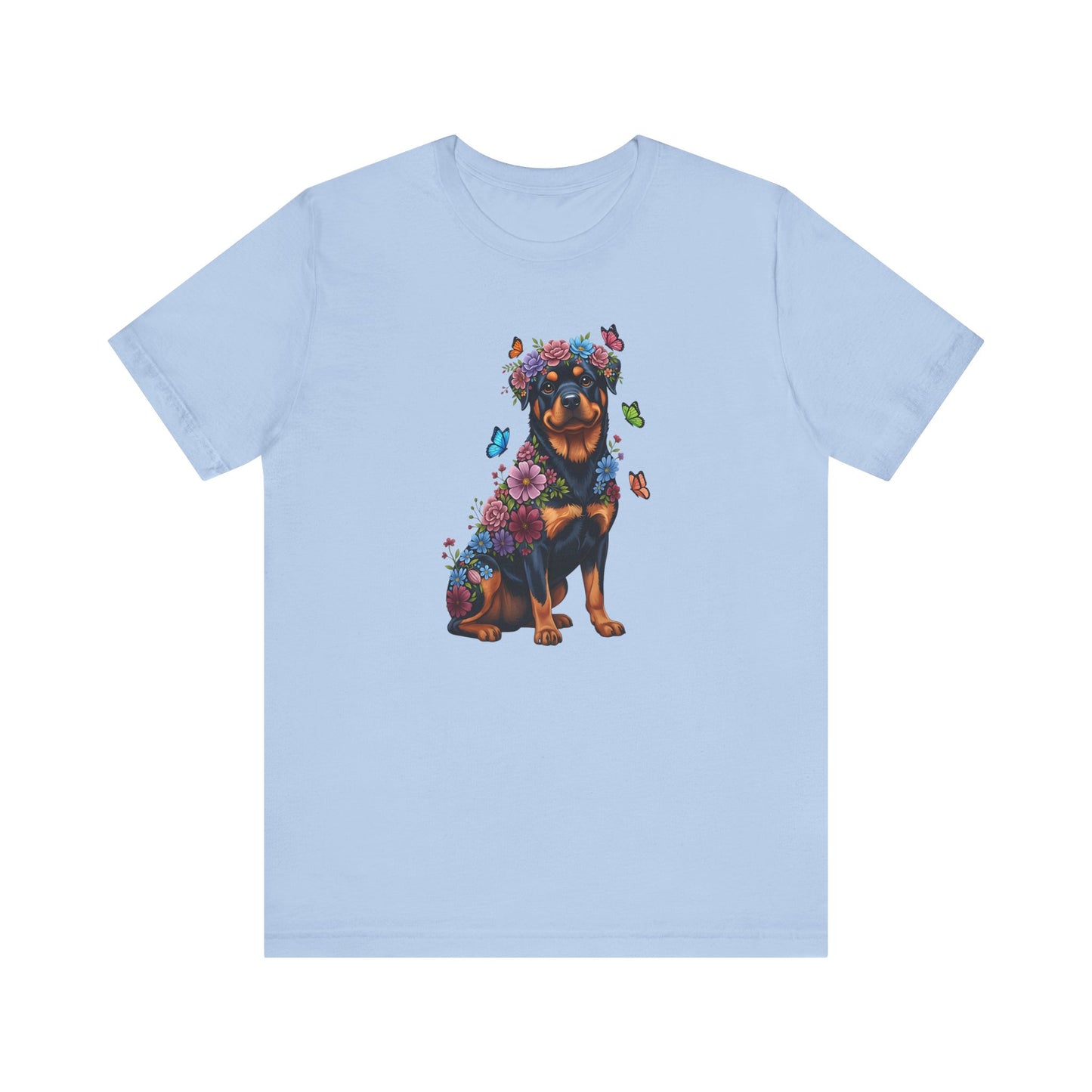 Whimsical Floral Rottweiler Tee – Colorful Dog Lover Shirt with Butterflies