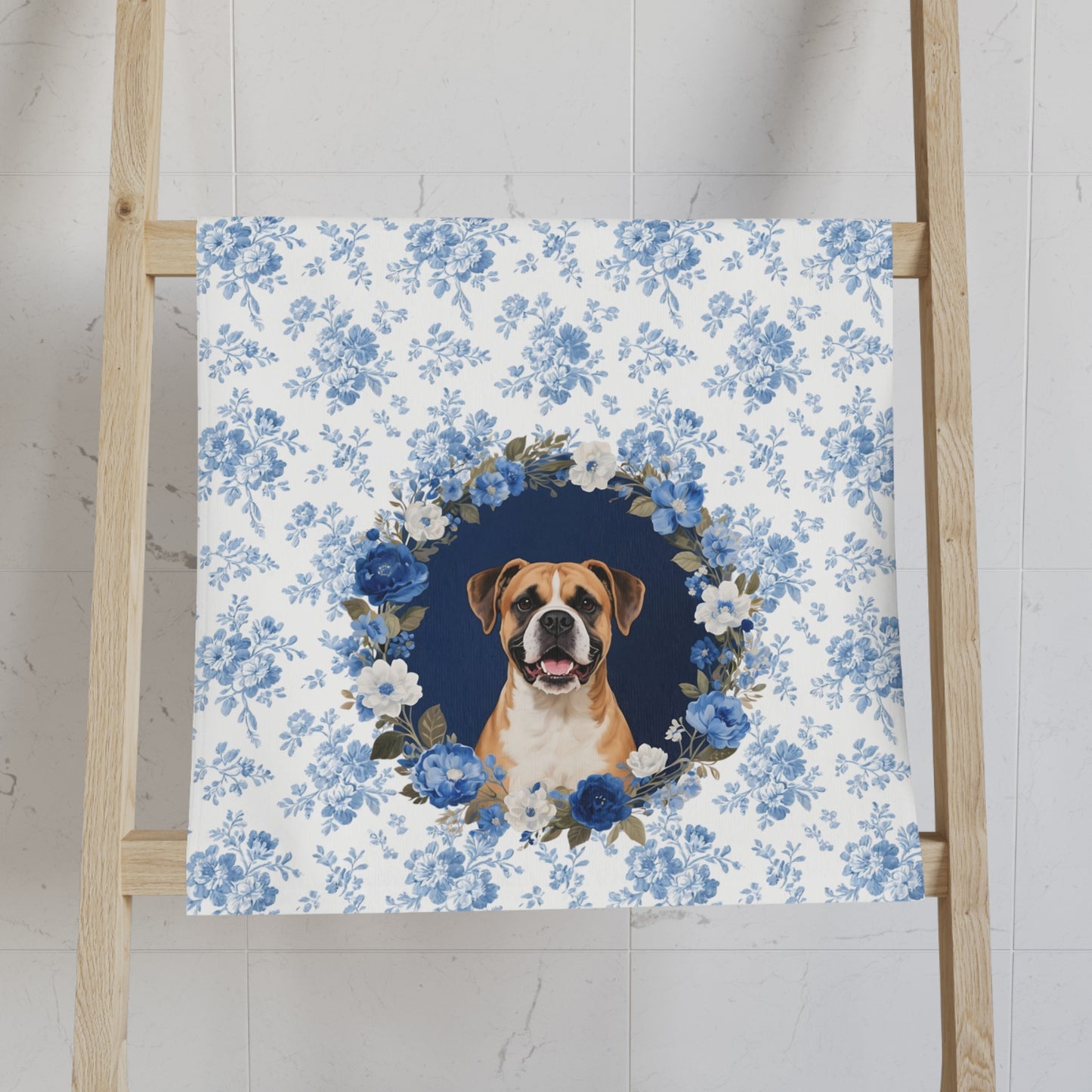 Blue Floral Boxer Dog Portrait Hand Towel – Cute Pet Bathroom Accessory