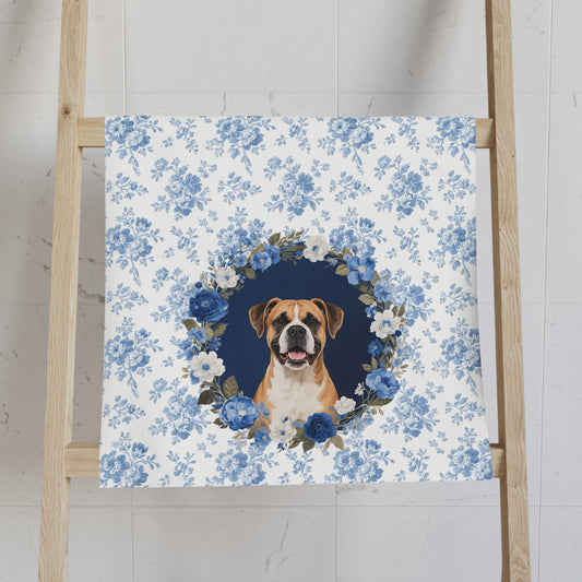 Blue Floral Boxer Dog Portrait Hand Towel – Cute Pet Bathroom Accessory