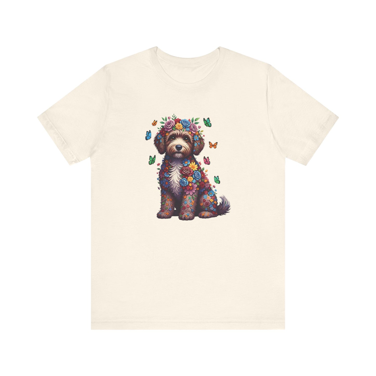 Whimsical Floral Portuguese Water Dog Tee – Colorful Dog Lover Shirt with Butterflies
