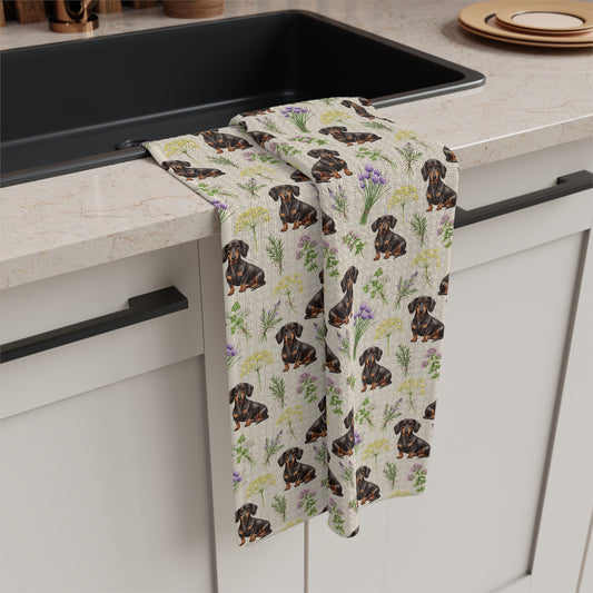 Dachshund Dog & Herbs Tea Towel - Floral Dog Kitchen Towel