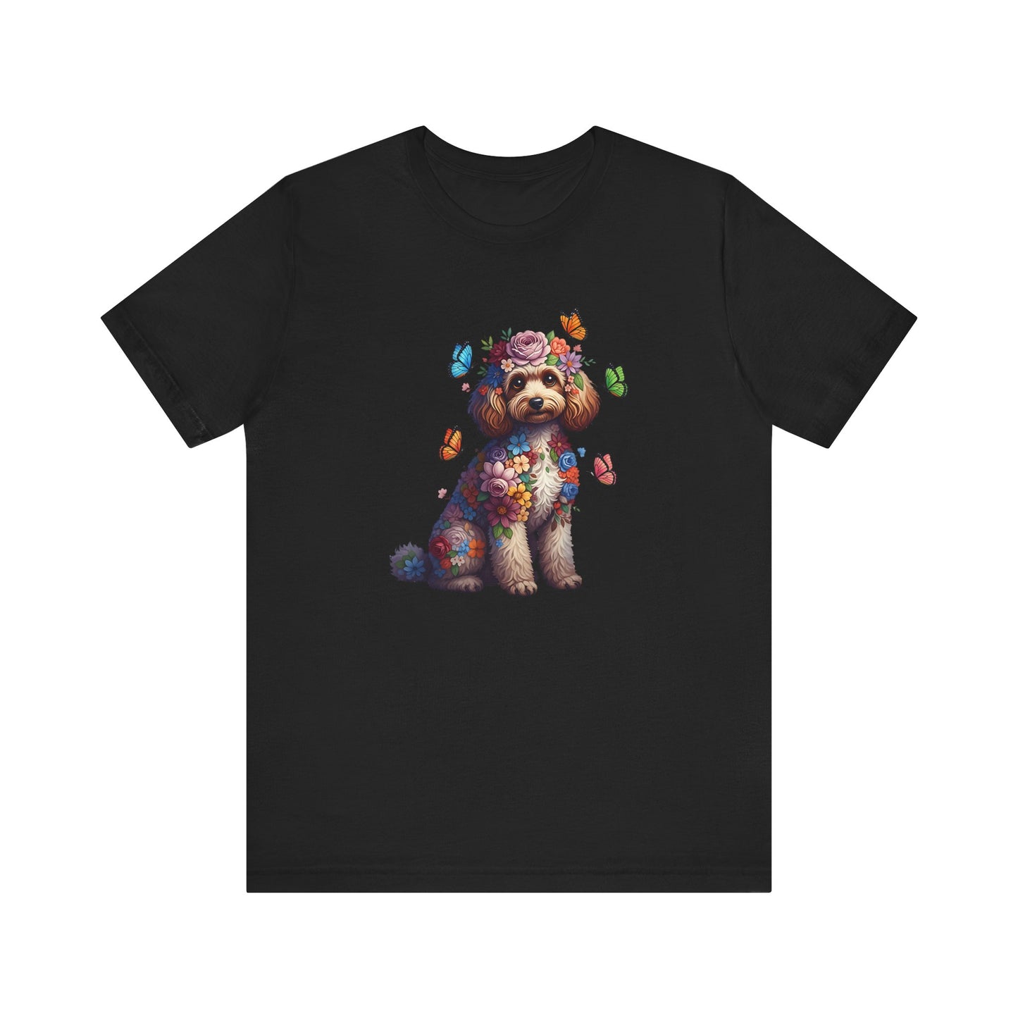 Whimsical Floral Poodle Tee – Colorful Dog Lover Shirt with Butterflies