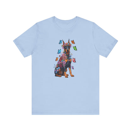 Whimsical Floral Doberman Pinscher Tee – Colorful Dog Lover Shirt with Butterflies