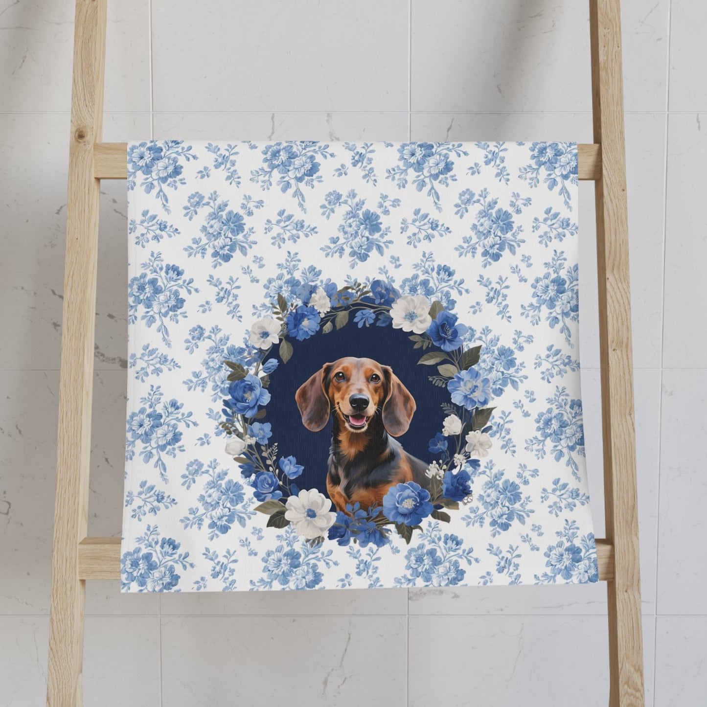 Blue Floral Dachshund Dog Portrait Hand Towel – Cute Pet Bathroom Accessory