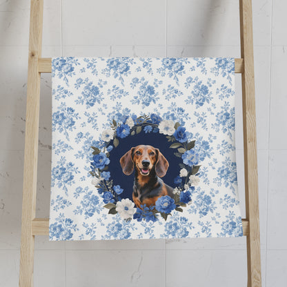 Blue Floral Dachshund Dog Portrait Hand Towel – Cute Pet Bathroom Accessory