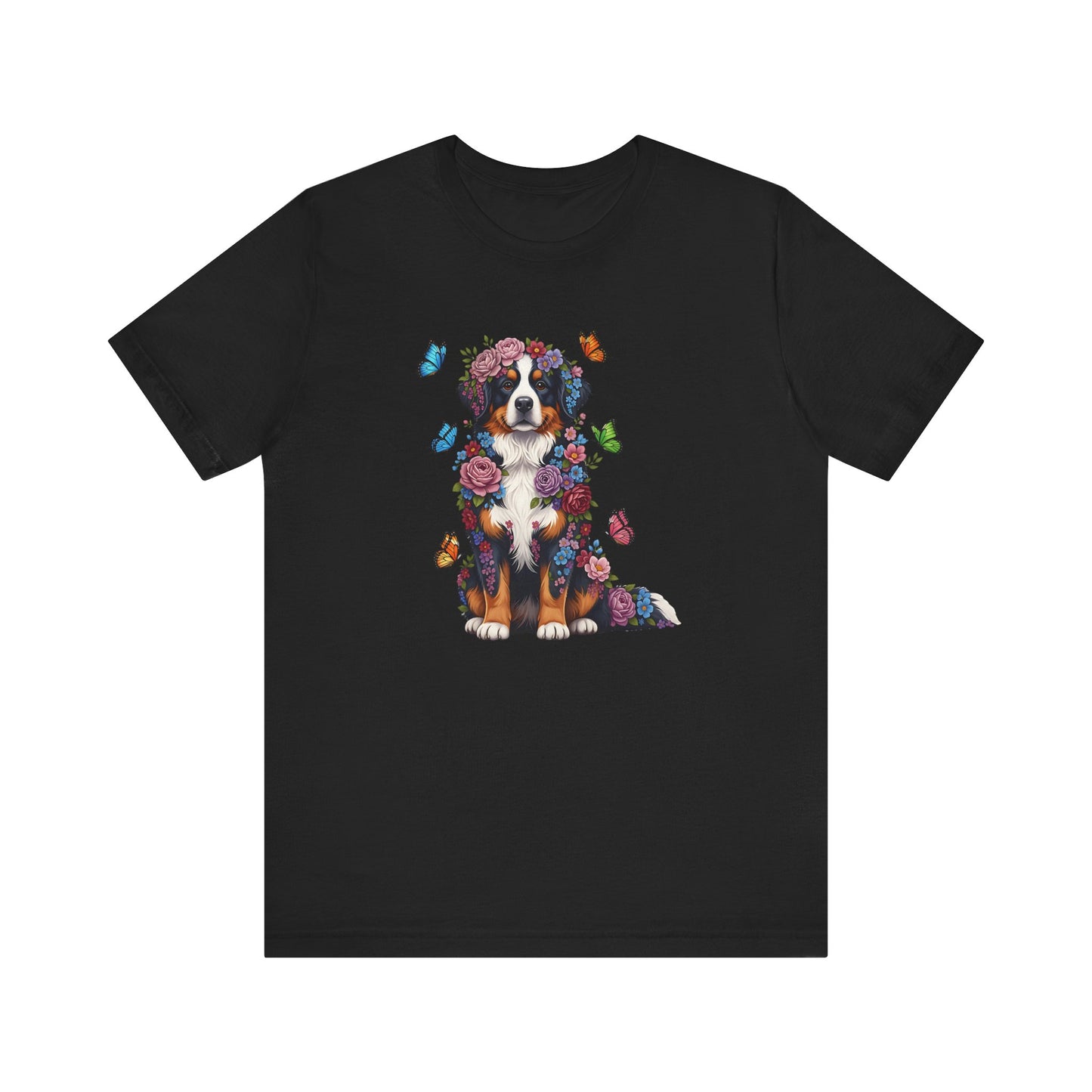 Whimsical Floral Bernese Mountain Dog Tee – Colorful Dog Lover Shirt with Butterflies