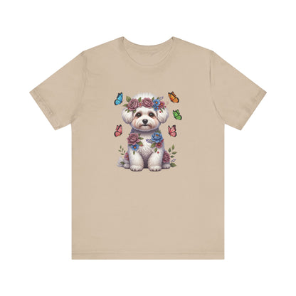 Whimsical Floral Bichon Frise Tee – Colorful Dog Lover Shirt with Butterflies