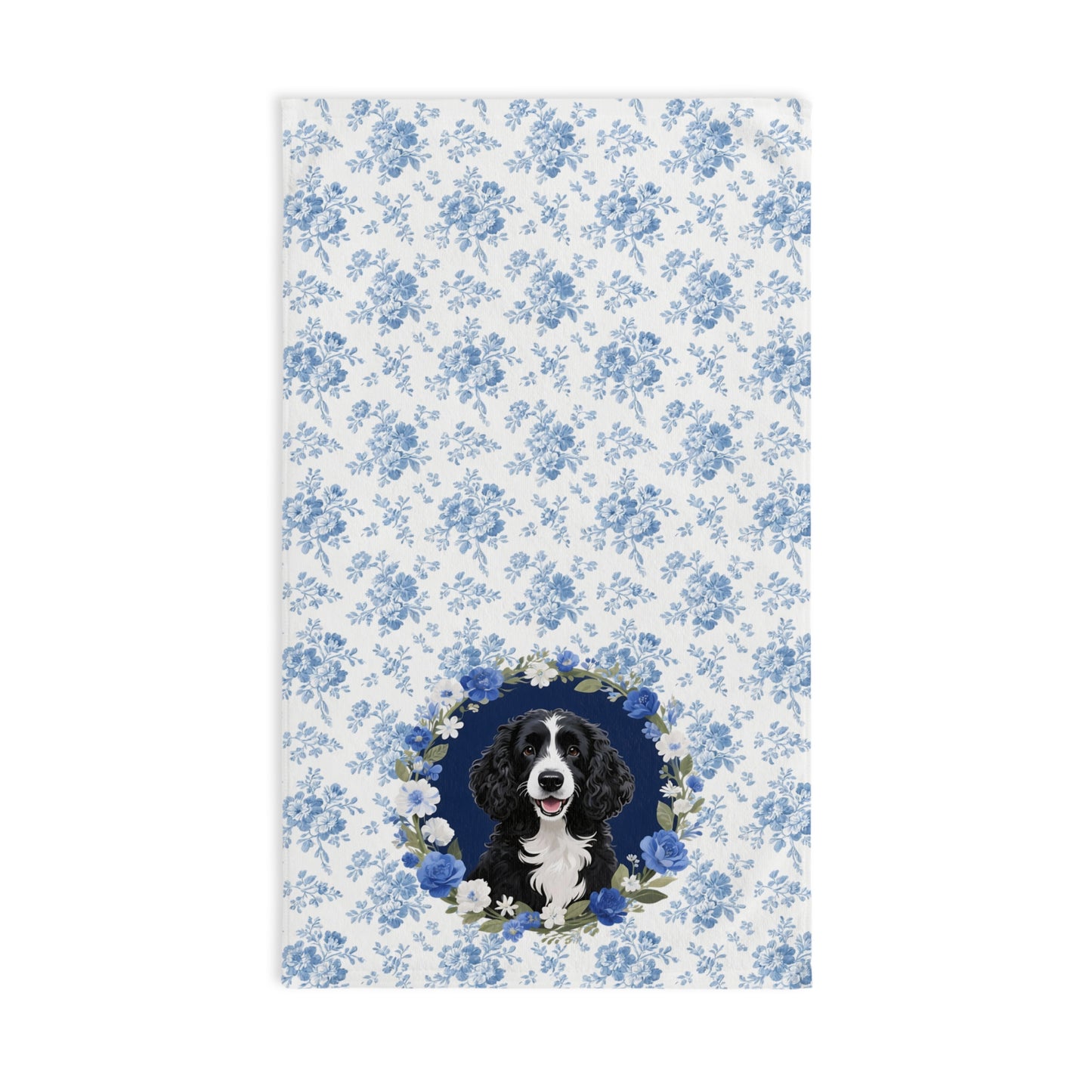 Blue Floral Portuguese Water Dog Portrait Hand Towel – Cute Pet Bathroom Accessory