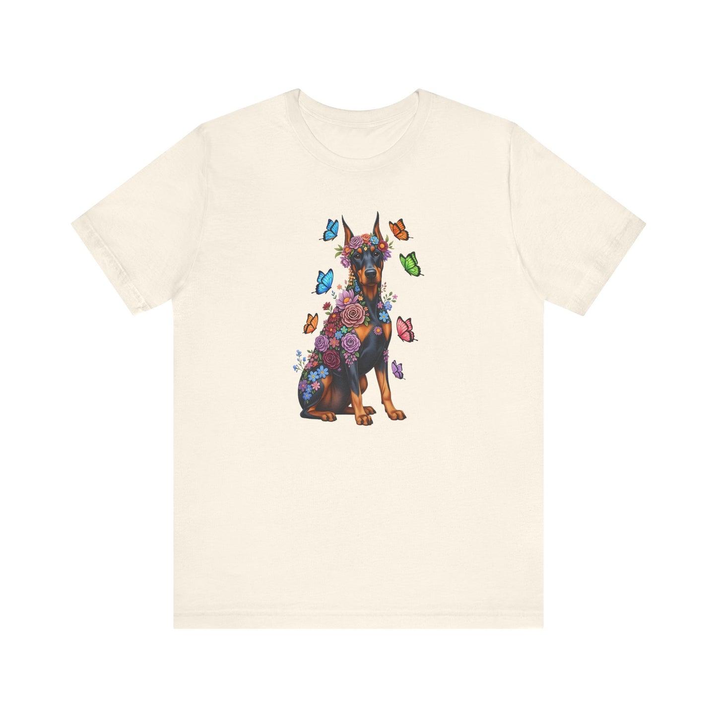 Whimsical Floral Doberman Pinscher Tee – Colorful Dog Lover Shirt with Butterflies
