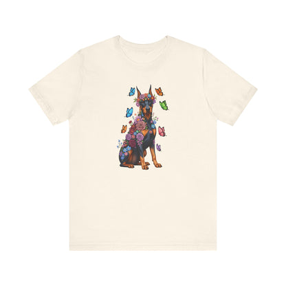 Whimsical Floral Doberman Pinscher Tee – Colorful Dog Lover Shirt with Butterflies