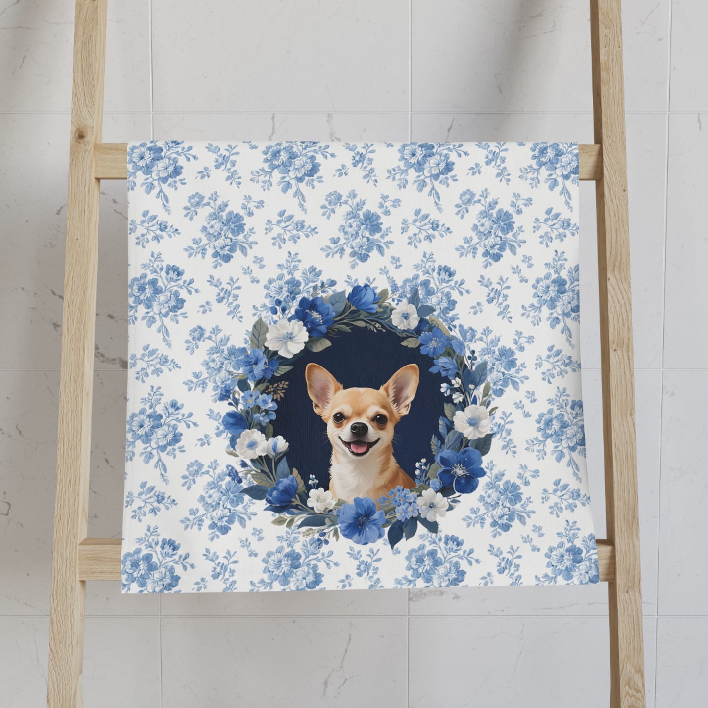 Blue Floral Chihuahua Dog Portrait Hand Towel – Cute Pet Bathroom Accessory