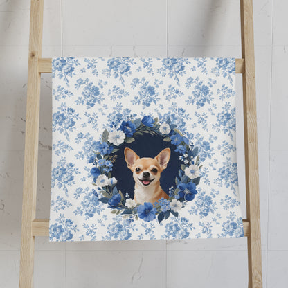 Blue Floral Chihuahua Dog Portrait Hand Towel – Cute Pet Bathroom Accessory