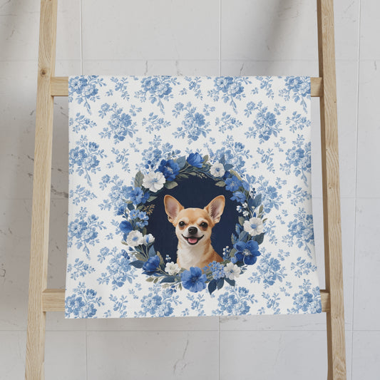 Blue Floral Chihuahua Dog Portrait Hand Towel – Cute Pet Bathroom Accessory